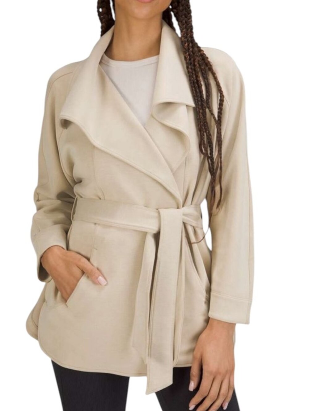 Lululemon Softstreme Knit Jacket Open Front Wrap Tie Belt Beige Tan XS S